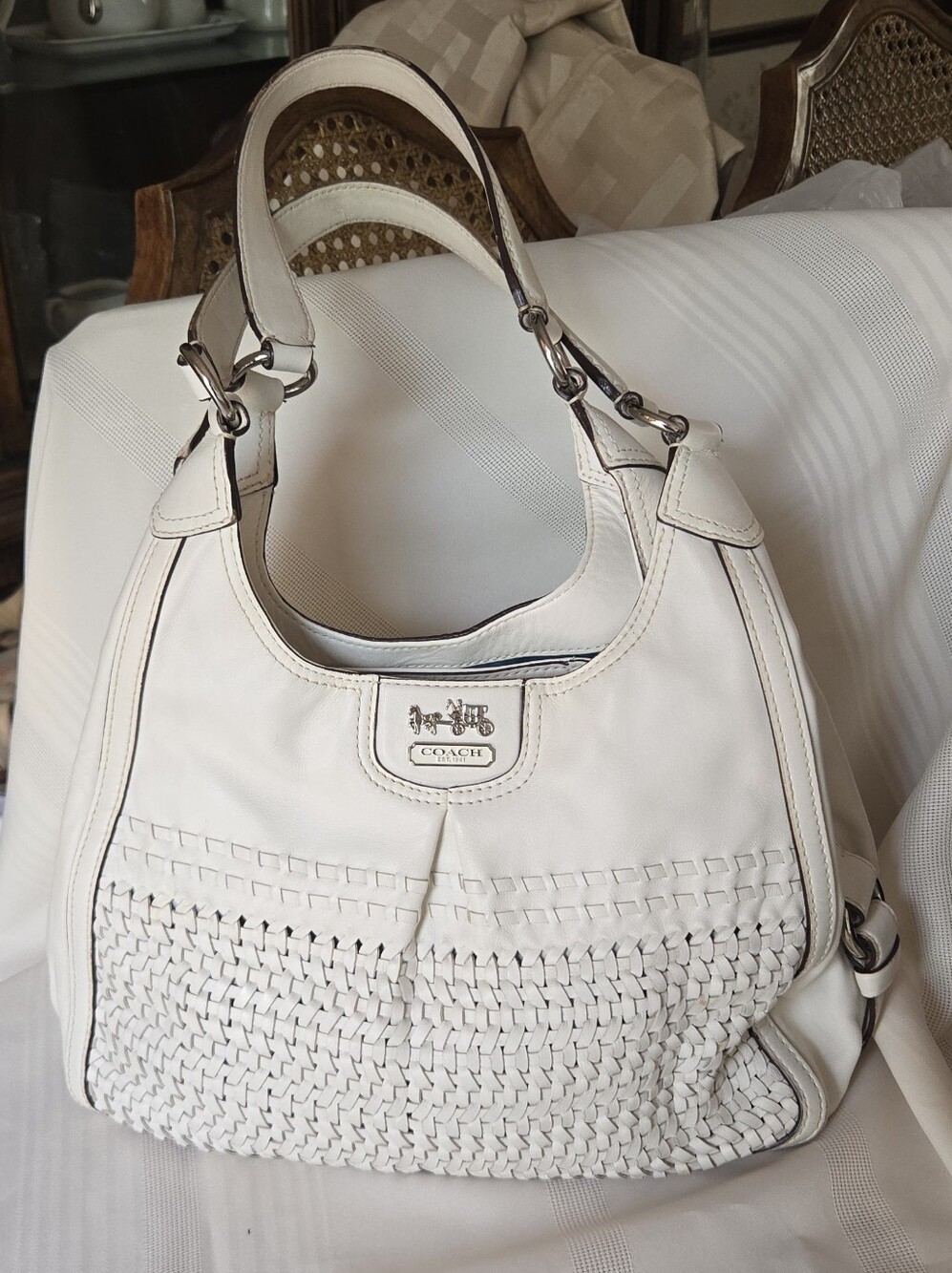 EUC Rare Coach Winter White Woven Leather Bag